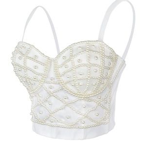 White Bridal Pearl Bustier Crop Top